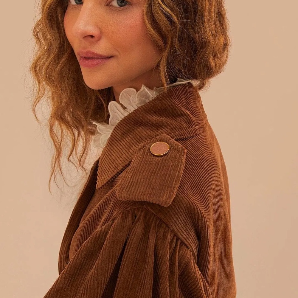 FARM Rio Brown Corduroy Double-Breasted Trench Coat - Picture 3 of 4